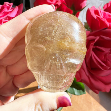 Golden Rutile Citrine Quartz Palm Crystal Skull Carved by Leandro de Souza