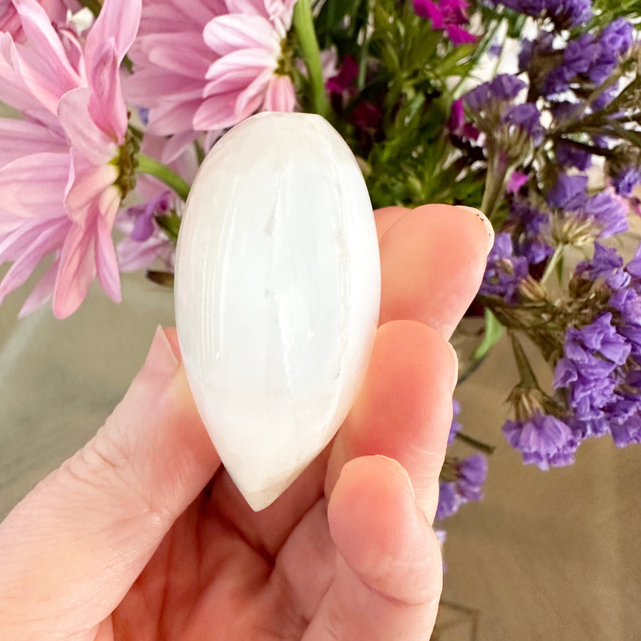 Selenite Heart Palm Stone