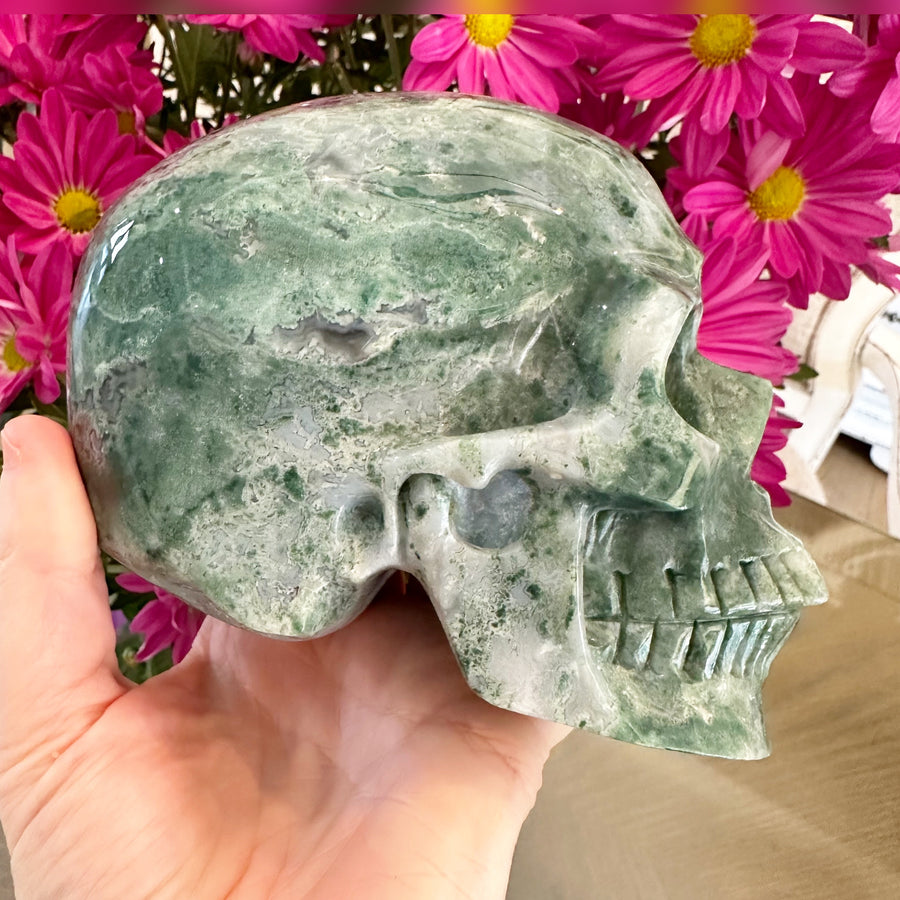 Green Moss Agate Crystal Skull