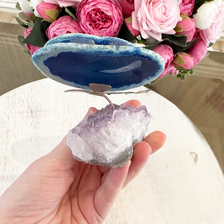 Blue Agate Butterfly on Amethyst Stand