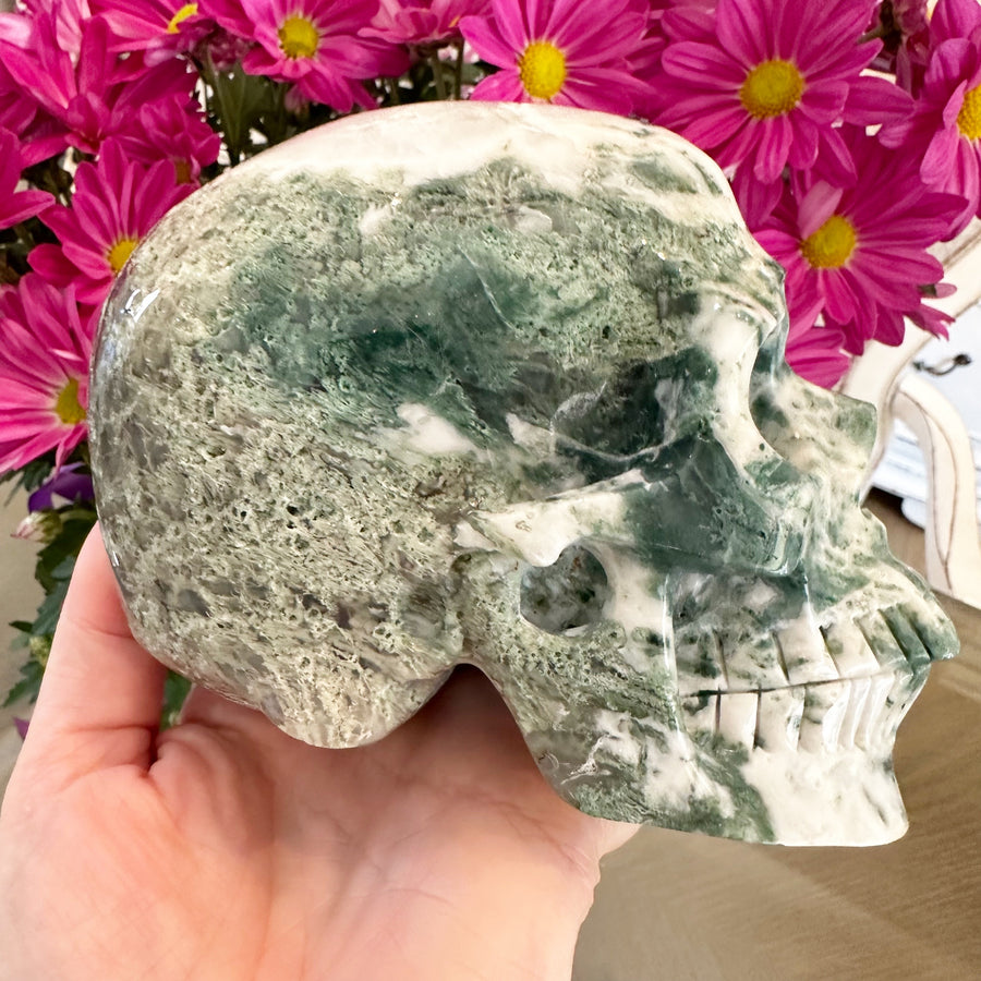 Green Moss Agate Crystal Skull