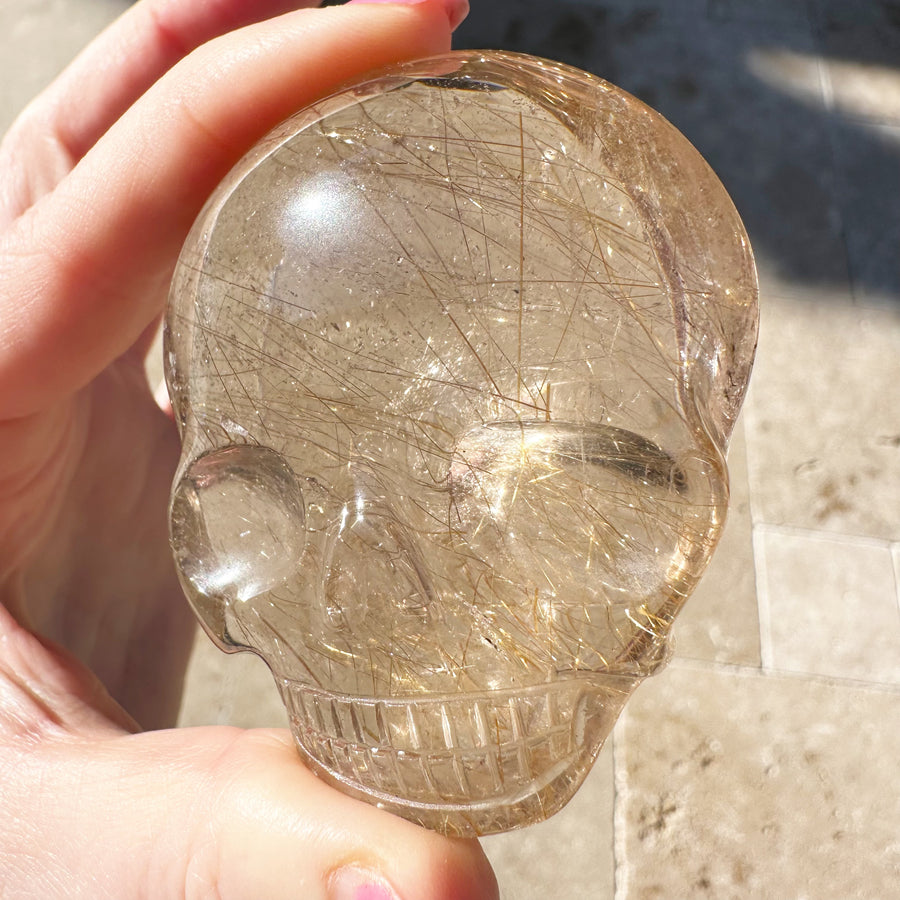 Golden Rutile Citrine Palm Crystal Skull Carved by Leandro de Souza