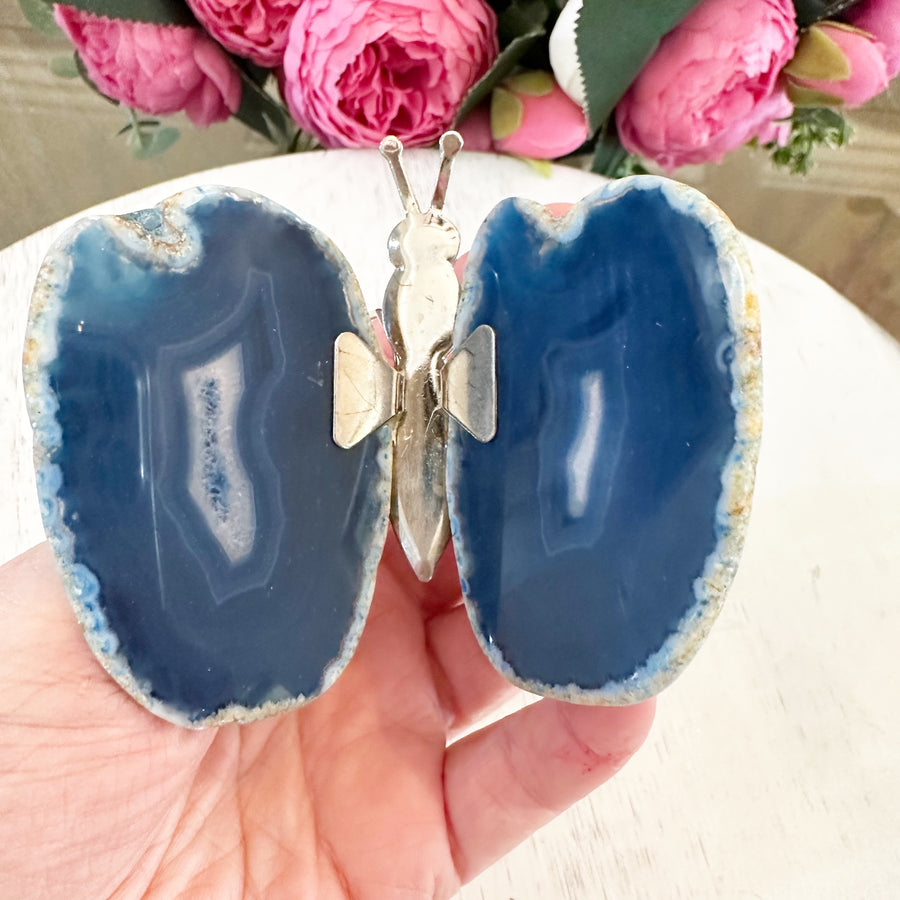 Blue Agate Butterfly on Amethyst Stand