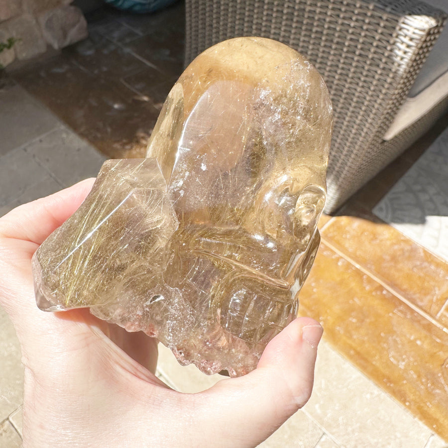 Golden Rutile Lodolite Citrine Crystal Skull with Natural Point Carved by Leandro de Souza