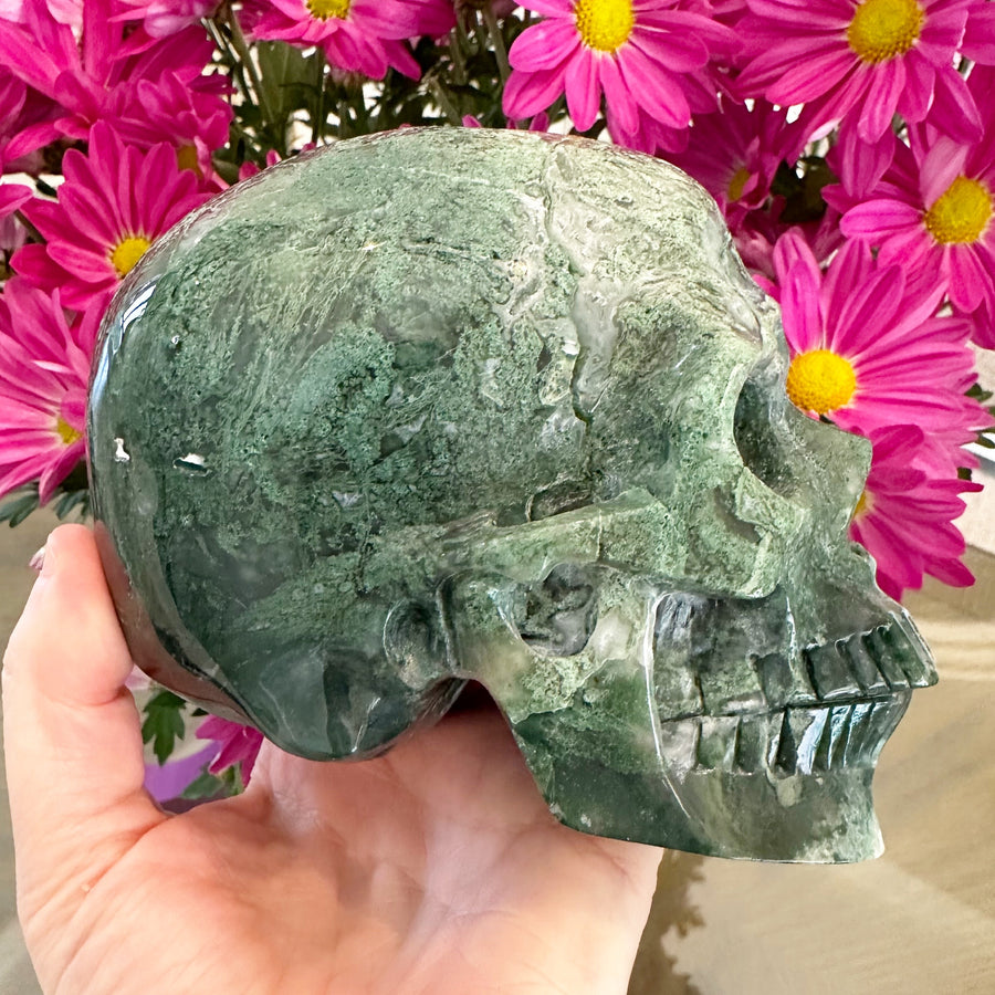 Green Moss Agate Crystal Skull