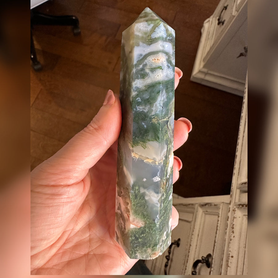 Green Moss Agate Crystal Generator Tower