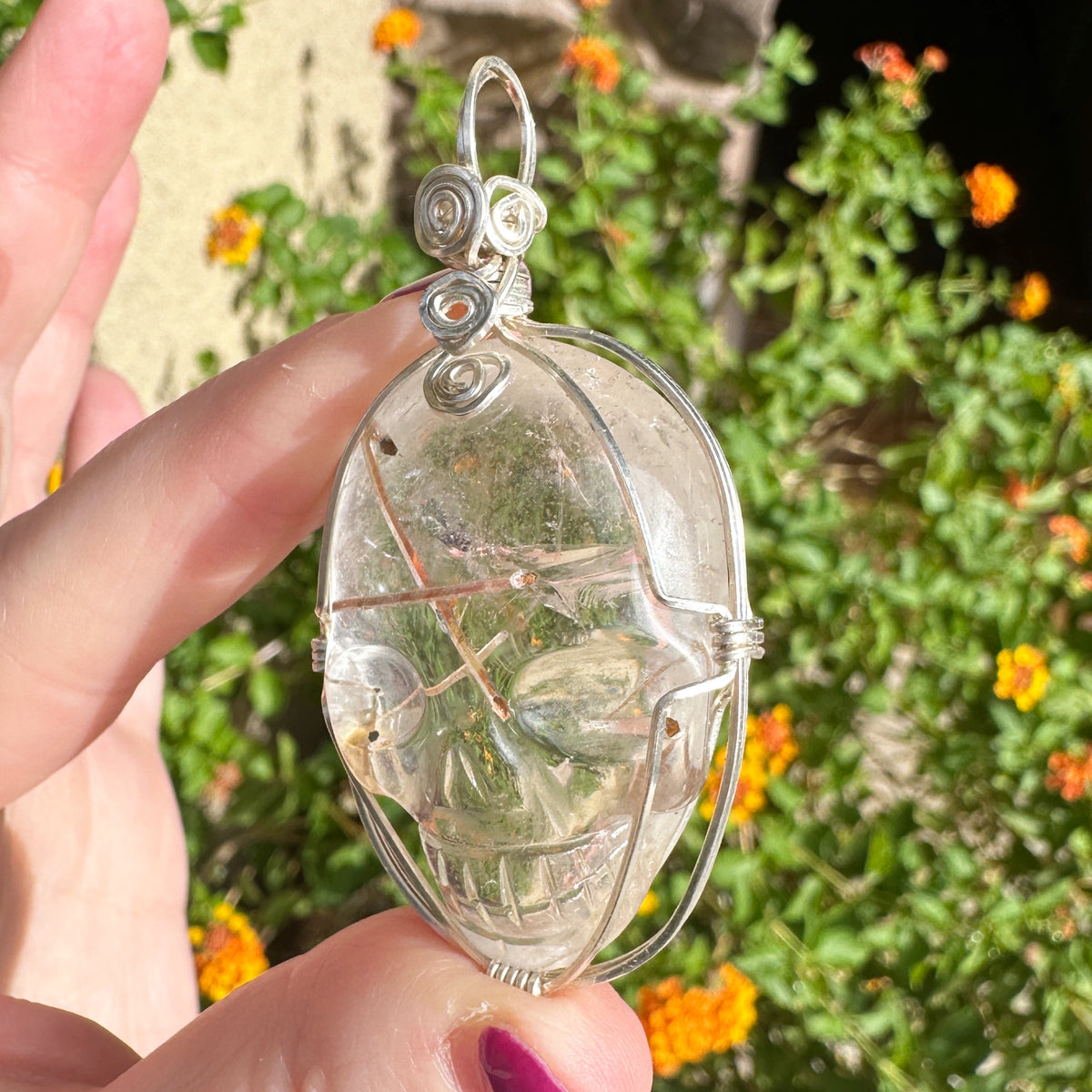 Rutile Quartz Crystal Skull Pendant Carved by Leandro de Souza