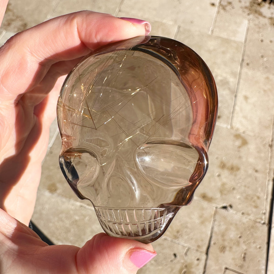 Ultra Clear Rutile Smoky Quartz Palm Crystal Skull Carved by Leandro de Souza