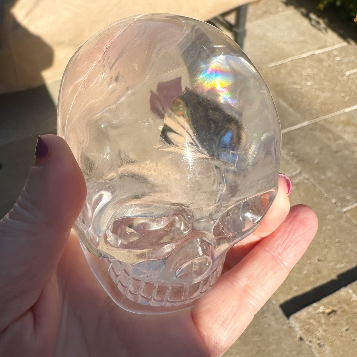 Clear Sirius Quartz Crystal Skull with Rainbows Carved by Leandro de Souza