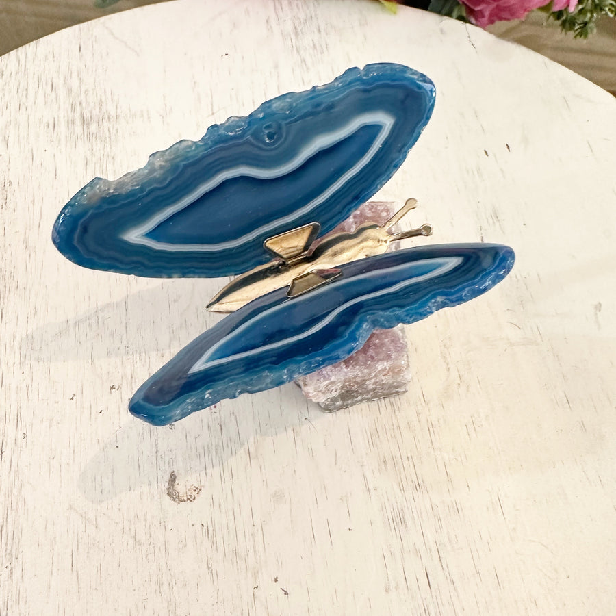 Blue Agate Butterfly on Amethyst Stand