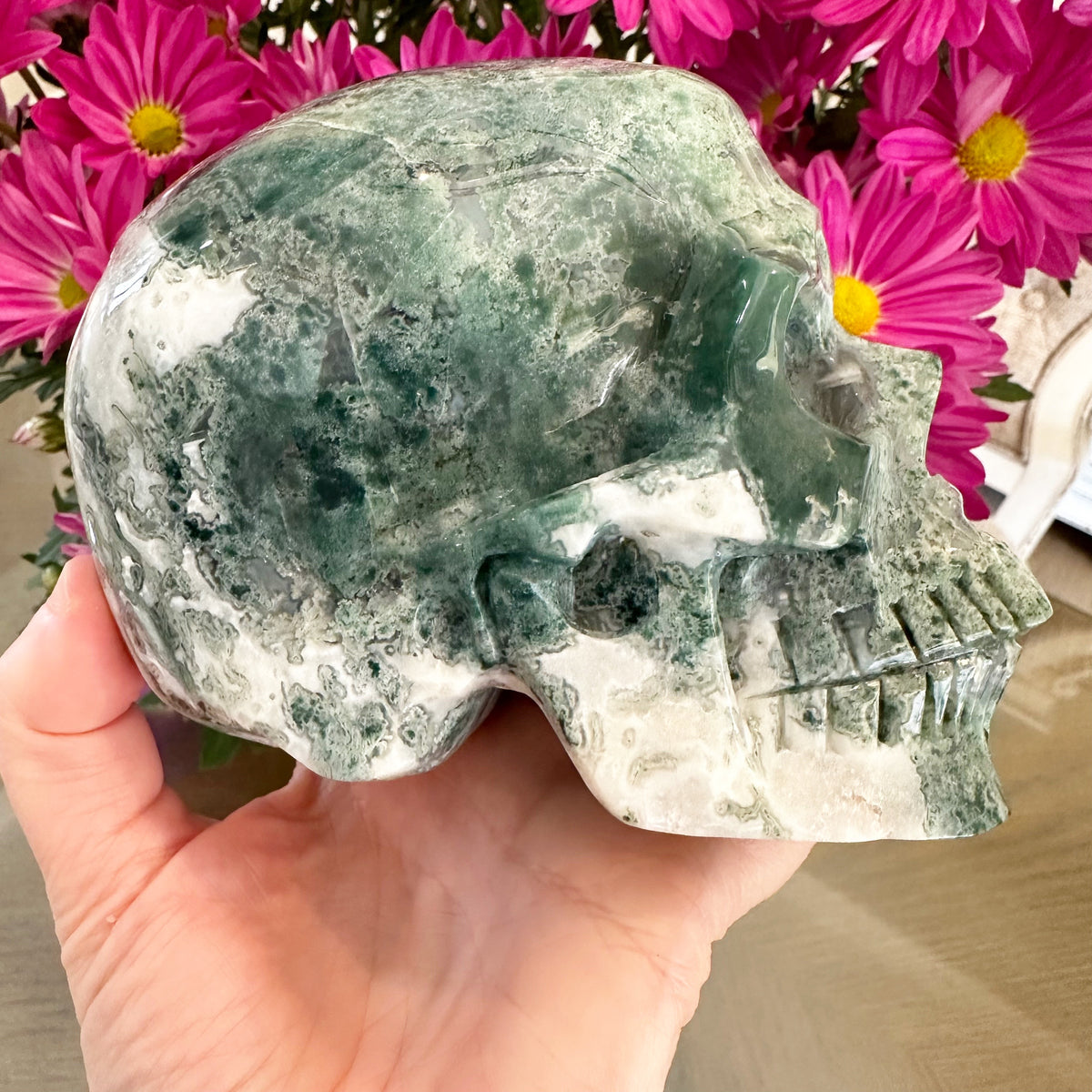 Green Moss Agate Crystal Skull