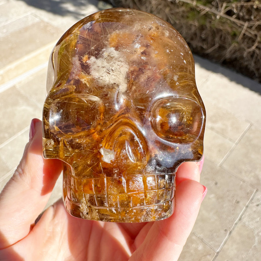 Golden Rutile Citrine with Lodolite Magical Child Crystal Skull Carved by Leandro de Souza