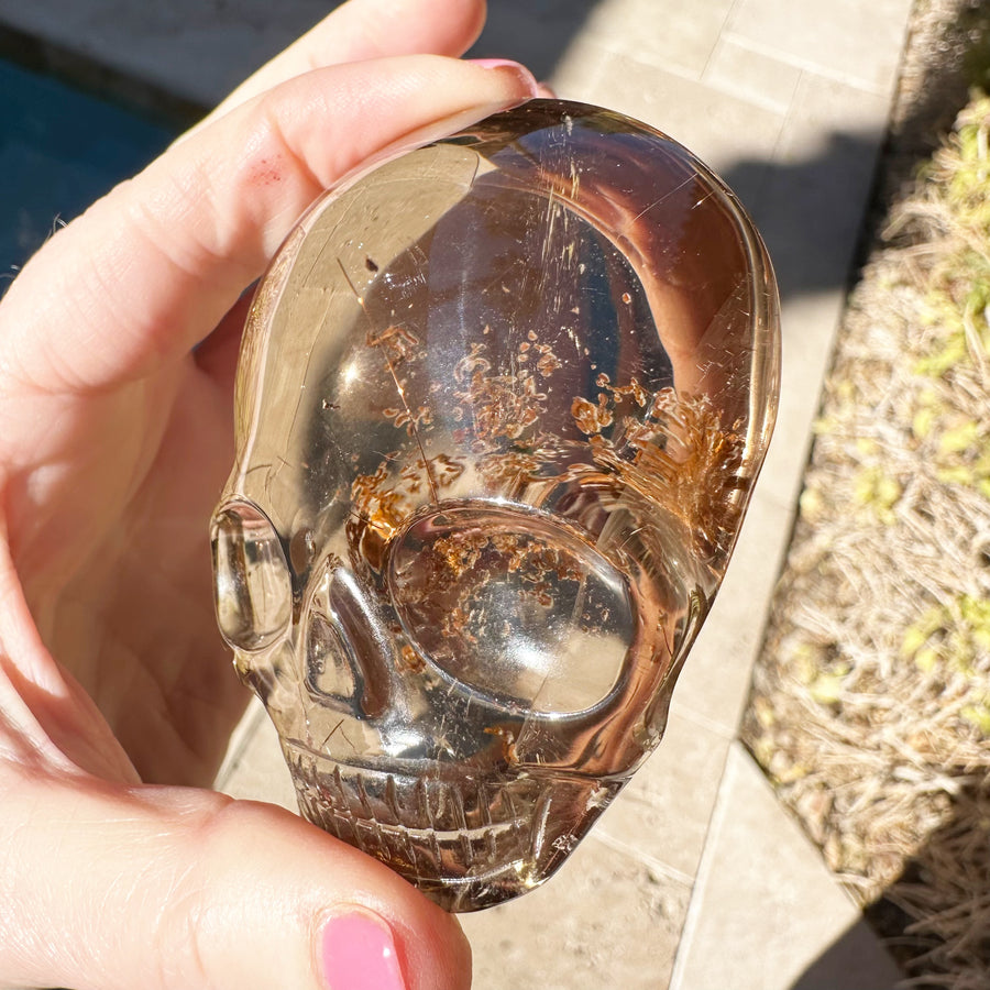 Golden Rutile Smoky Quartz with Lodolite Palm Crystal Skull Carved by Leandro de Souza