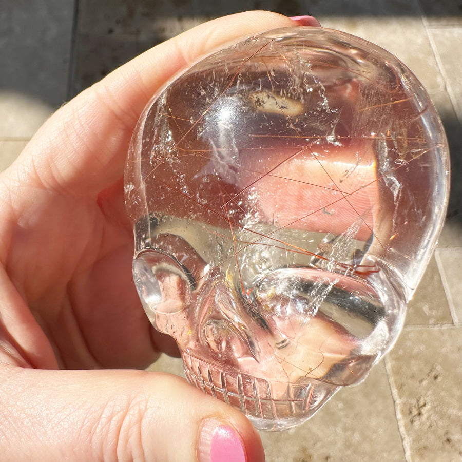 Pink Rutile Quartz Palm Crystal Skull Carved by Leandro de Souza