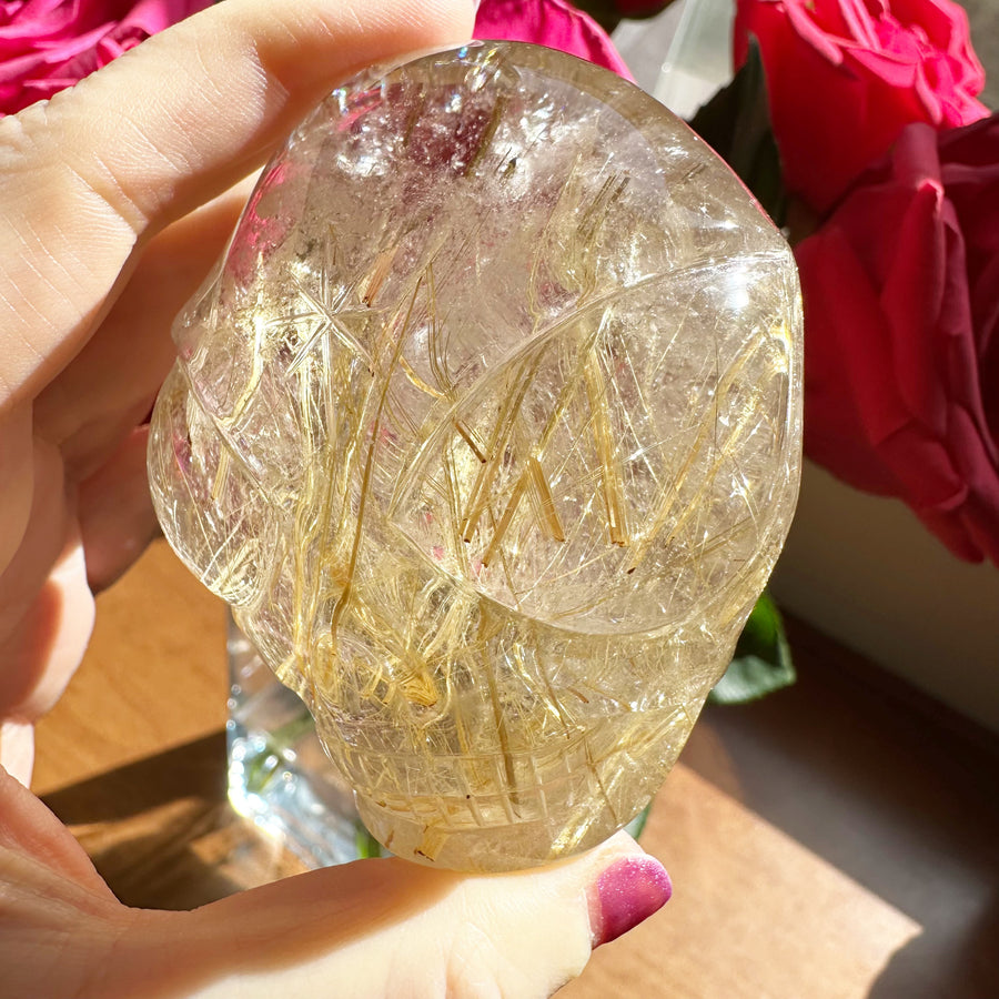 Golden Rutile Citrine Starbeing Palm Crystal Skull With Rainbows Carved by Leandro de Souza