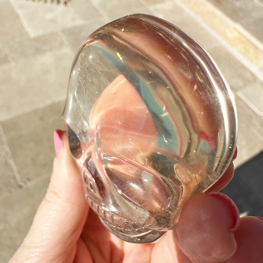 Golden Rutile Quartz Palm Crystal Skull Carved by Leandro de Souza