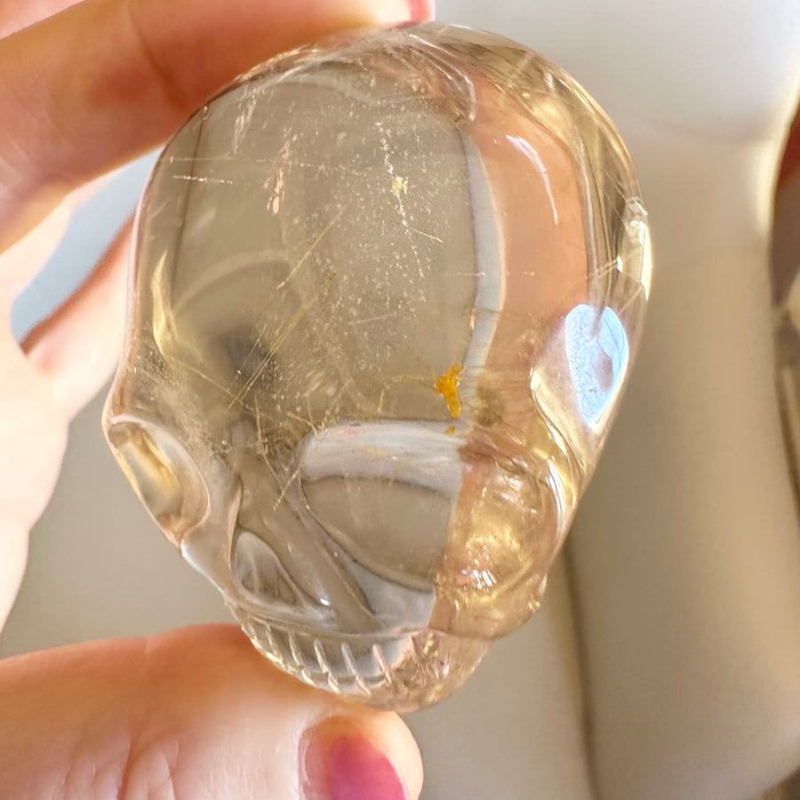 Golden Rutile Citrine Palm Crystal Skull Carved by Leandro de Souza