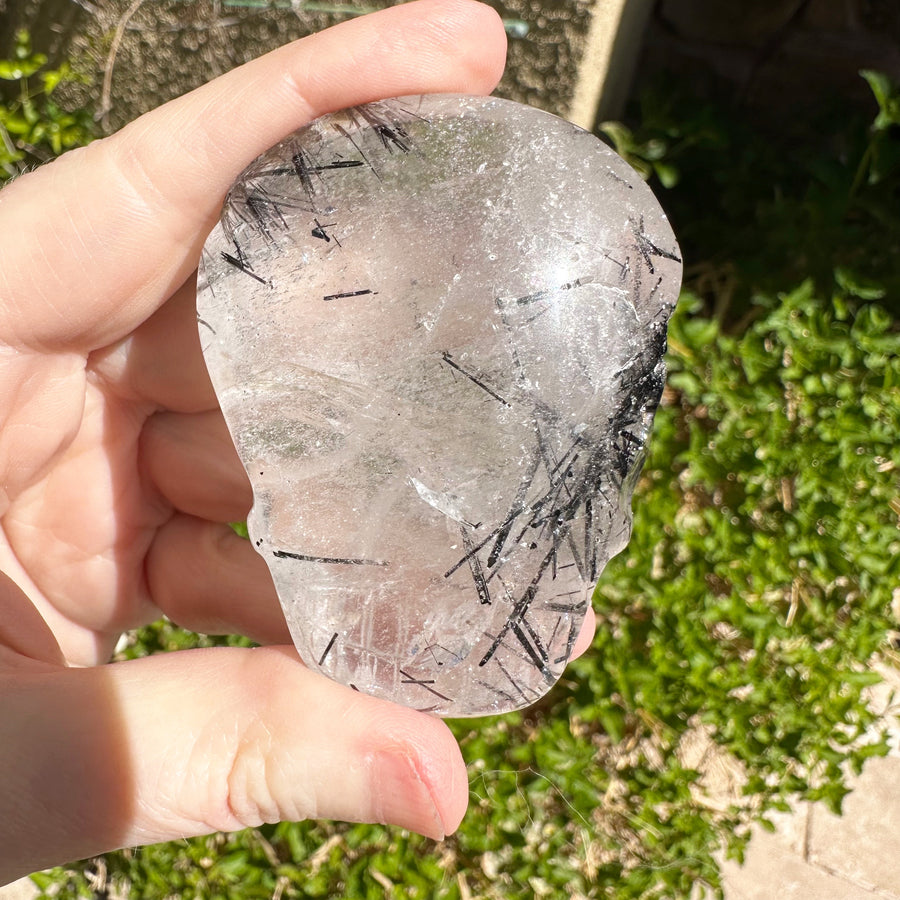 Tourmaline Rutile Palm Crystal Skull Carved by Leandro de Souza