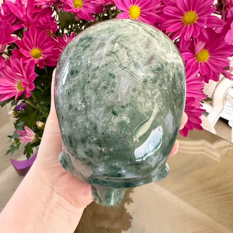 Green Moss Agate Crystal Skull