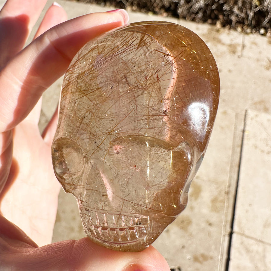 Golden Rutile Citrine Palm Crystal Skull Carved by Leandro de Souza