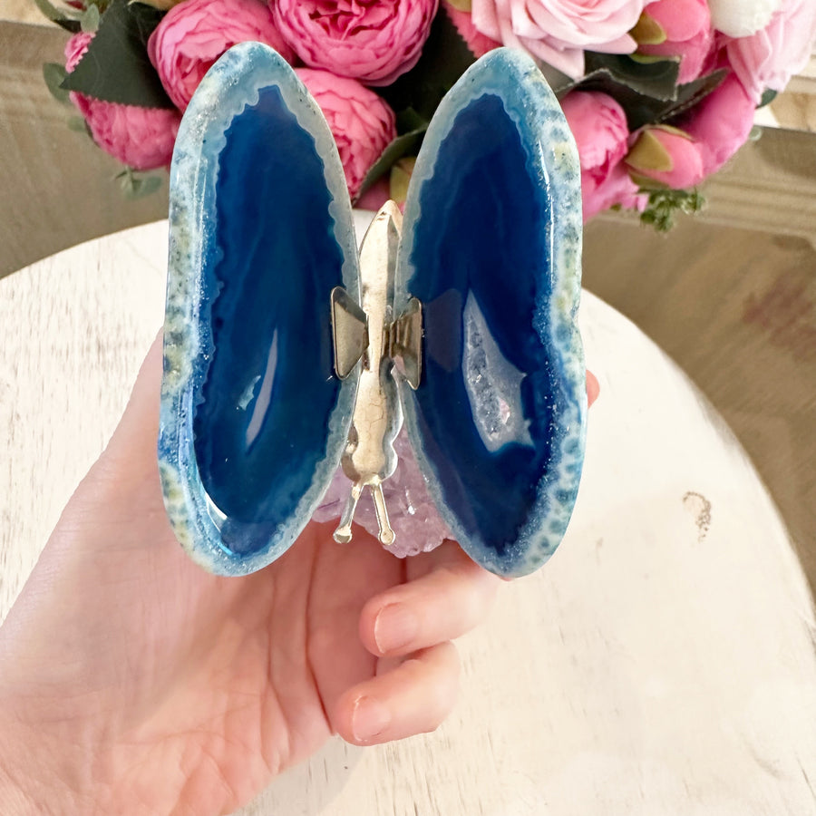 Blue Agate Butterfly on Amethyst Stand