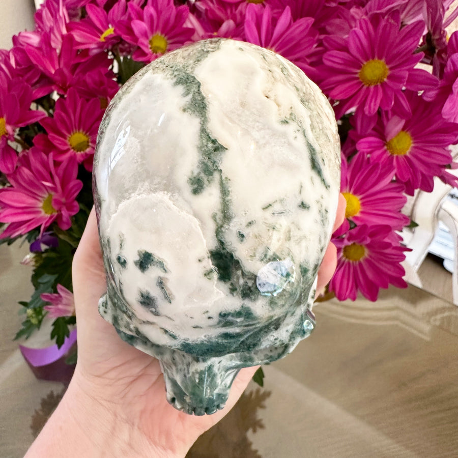 Green Moss Agate Crystal Skull