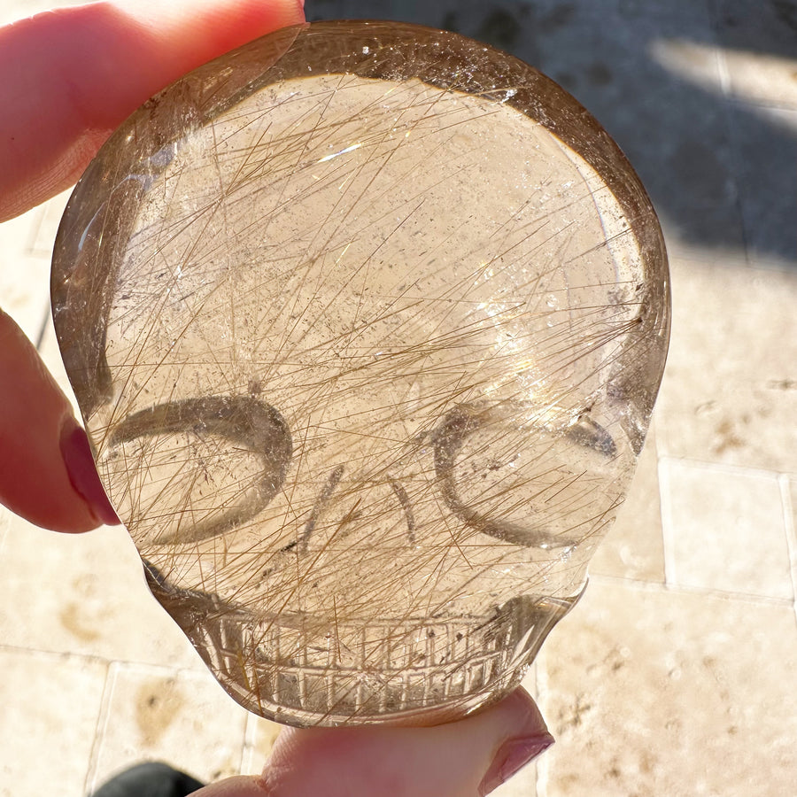 Golden Rutile Citrine Palm Crystal Skull Carved by Leandro de Souza