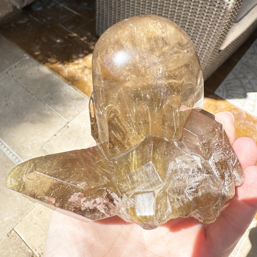 Golden Rutile Lodolite Citrine Crystal Skull with Natural Point Carved by Leandro de Souza