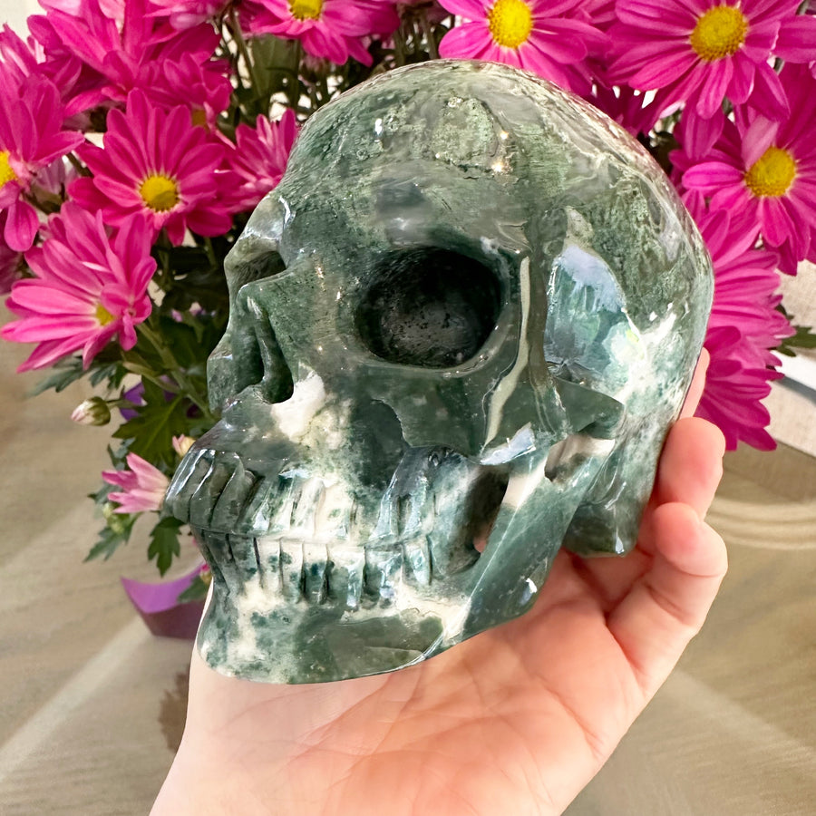 Green Moss Agate Crystal Skull