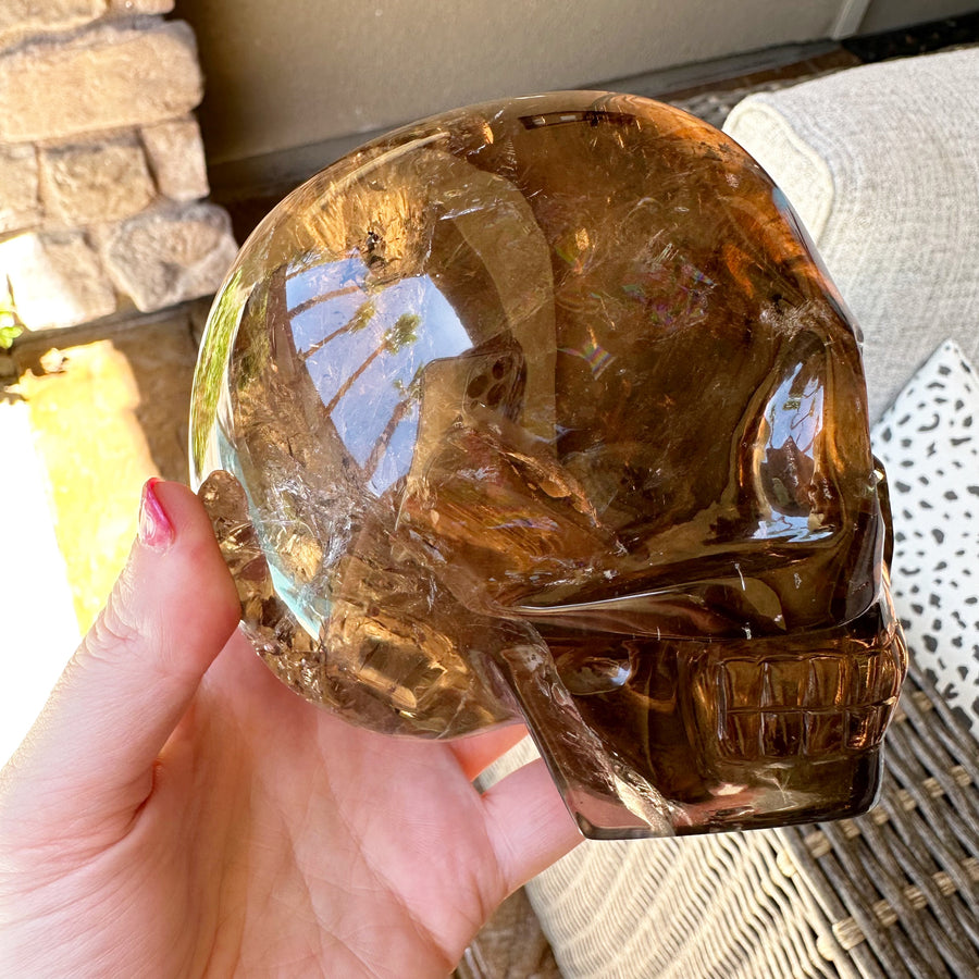 Smokey Lemurian Crystal Skull with Rainbows Carved by Leandro de Souza