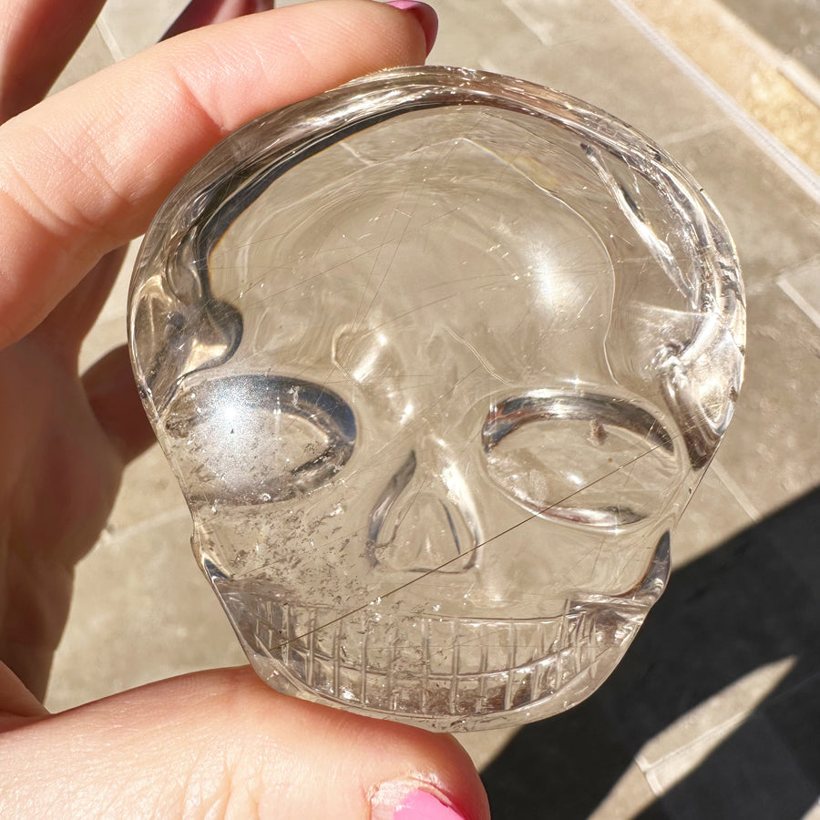 Golden Rutile Quartz Palm Crystal Skull Carved by Leandro de Souza