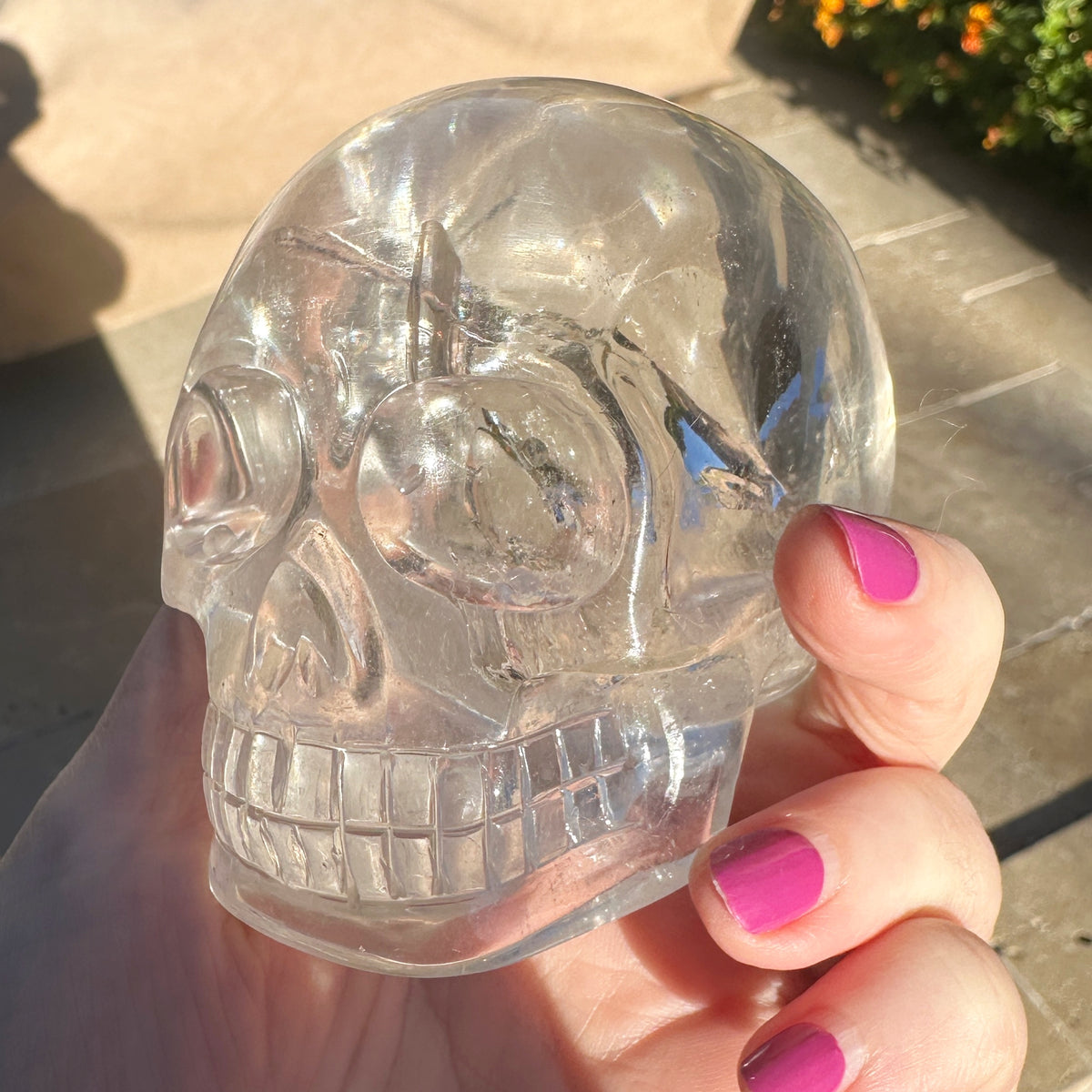 Clear Sirius Quartz Crystal Skull with Rainbows Carved by Leandro de Souza