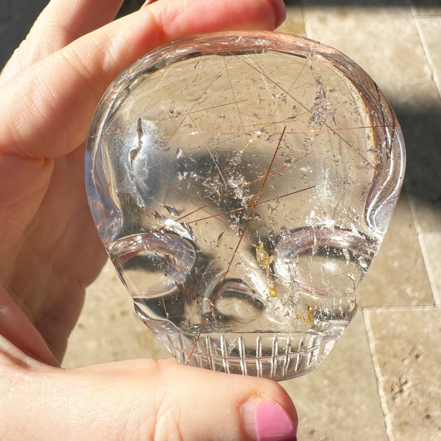 Pink Rutile Quartz Palm Crystal Skull Carved by Leandro de Souza