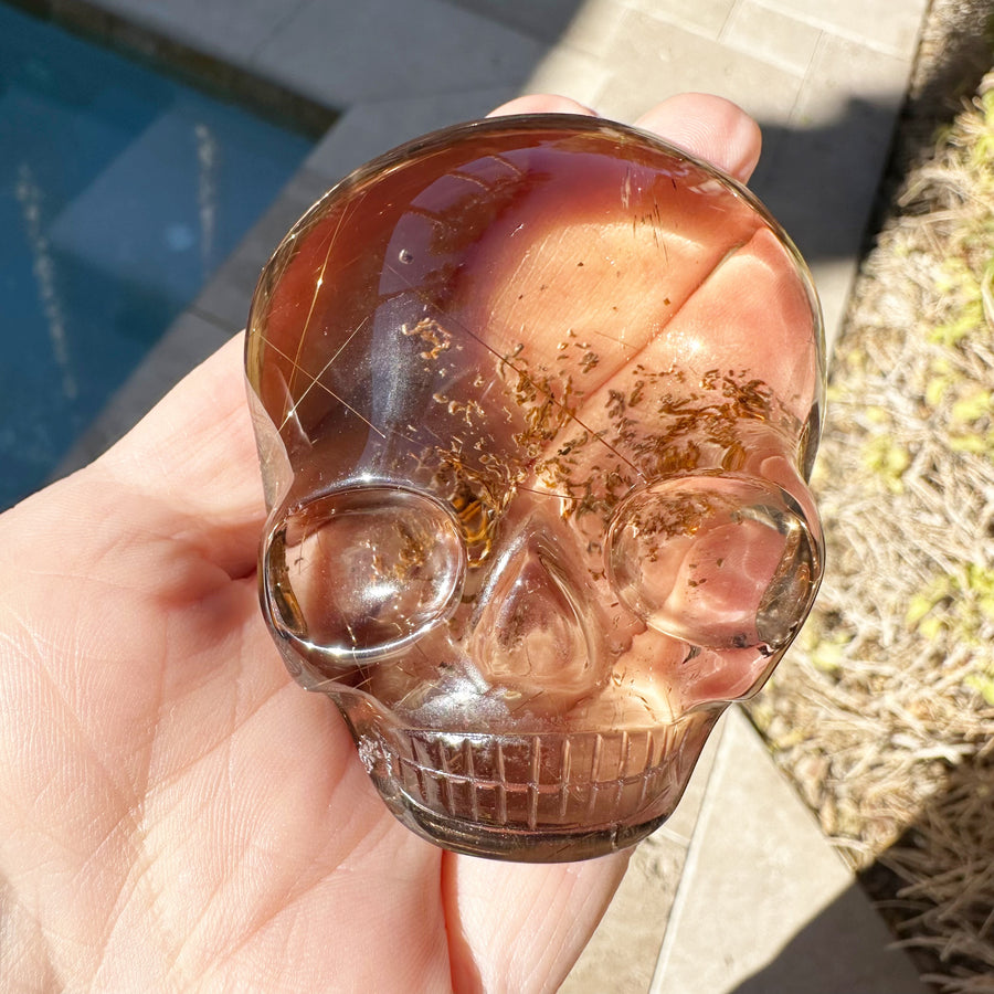 Golden Rutile Smoky Quartz with Lodolite Palm Crystal Skull Carved by Leandro de Souza