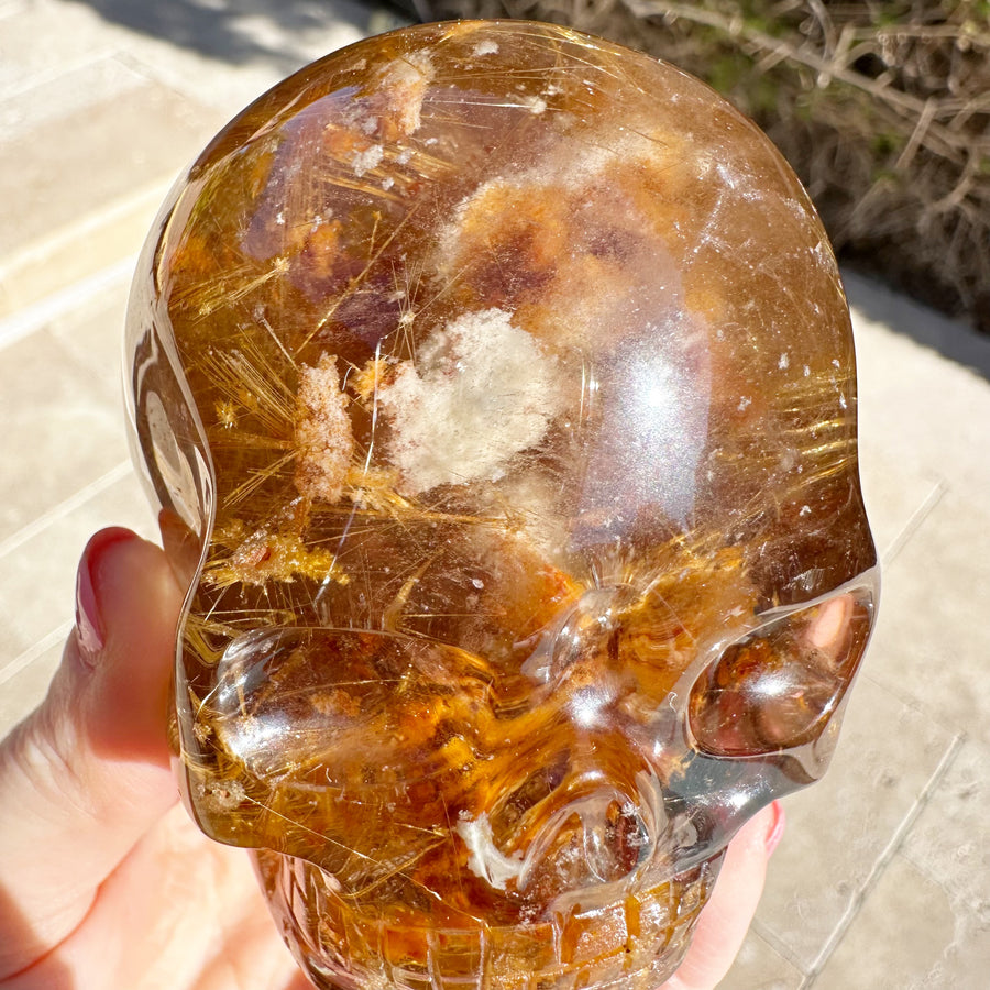 Golden Rutile Citrine with Lodolite Magical Child Crystal Skull Carved by Leandro de Souza