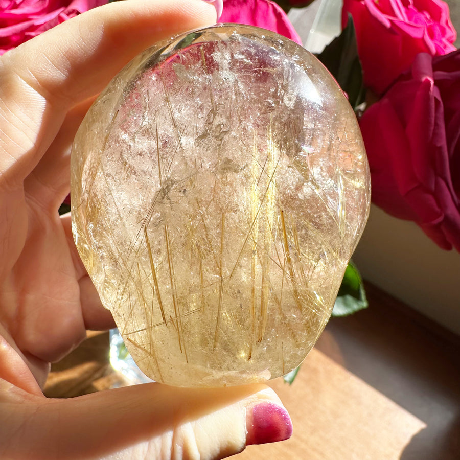 Golden Rutile Citrine Starbeing Palm Crystal Skull With Rainbows Carved by Leandro de Souza