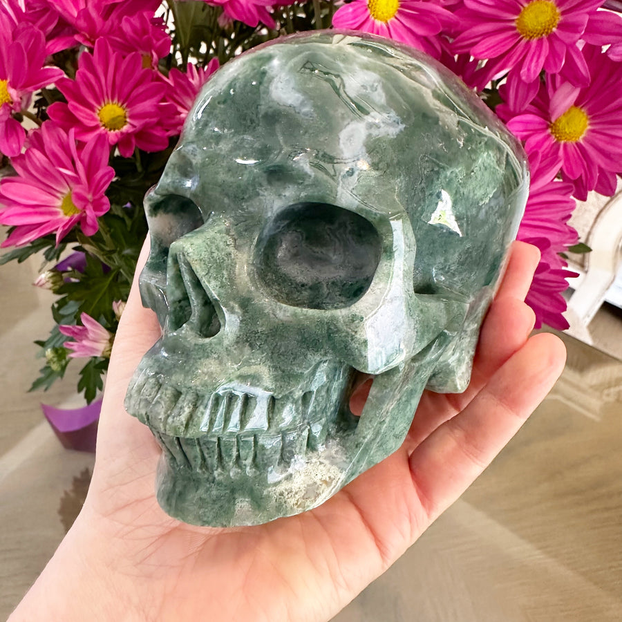 Green Moss Agate Crystal Skull