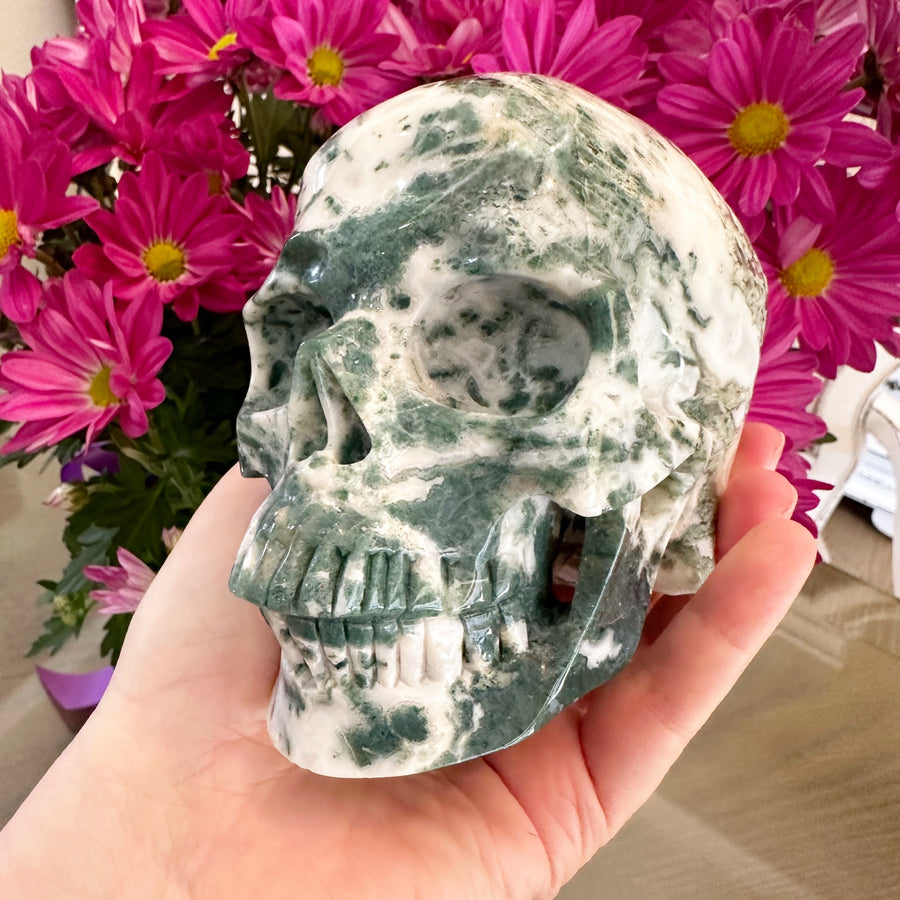 Green Moss Agate Crystal Skull