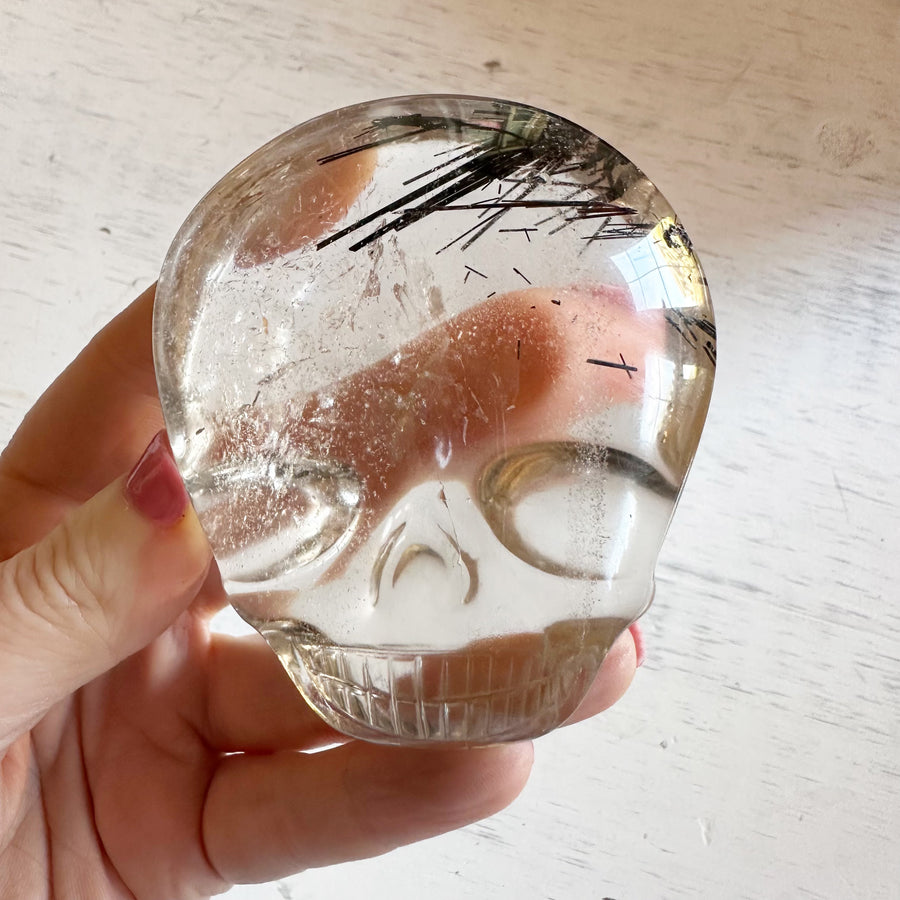 Tourmaline Rutile Palm Crystal Skull with Rainbows Carved by Leandro de Souza