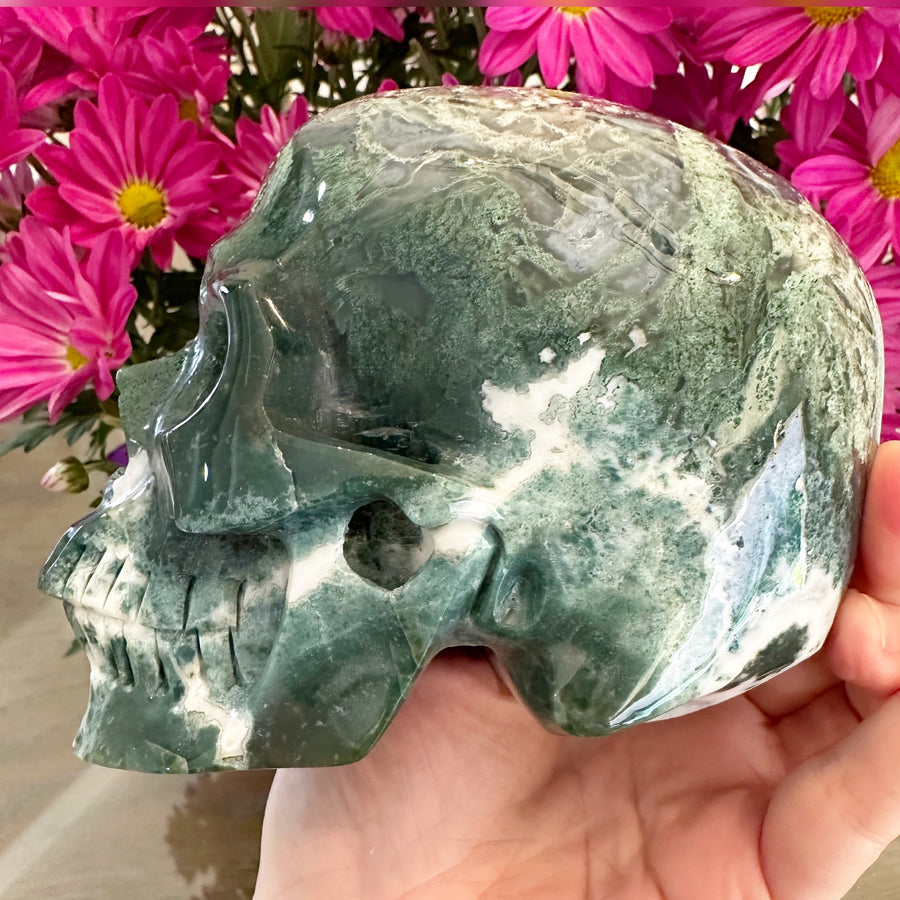 Green Moss Agate Crystal Skull