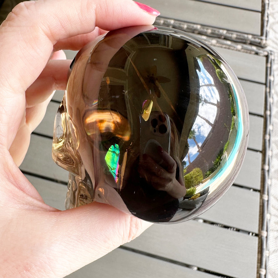 Smokey Lemurian Crystal Skull with Rainbows Carved by Leandro de Souza