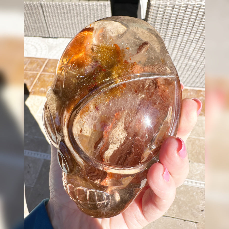 Lodolite and Rutile Citrine Quartz Starbeing Crystal Skull Carved by Leandro de Souza