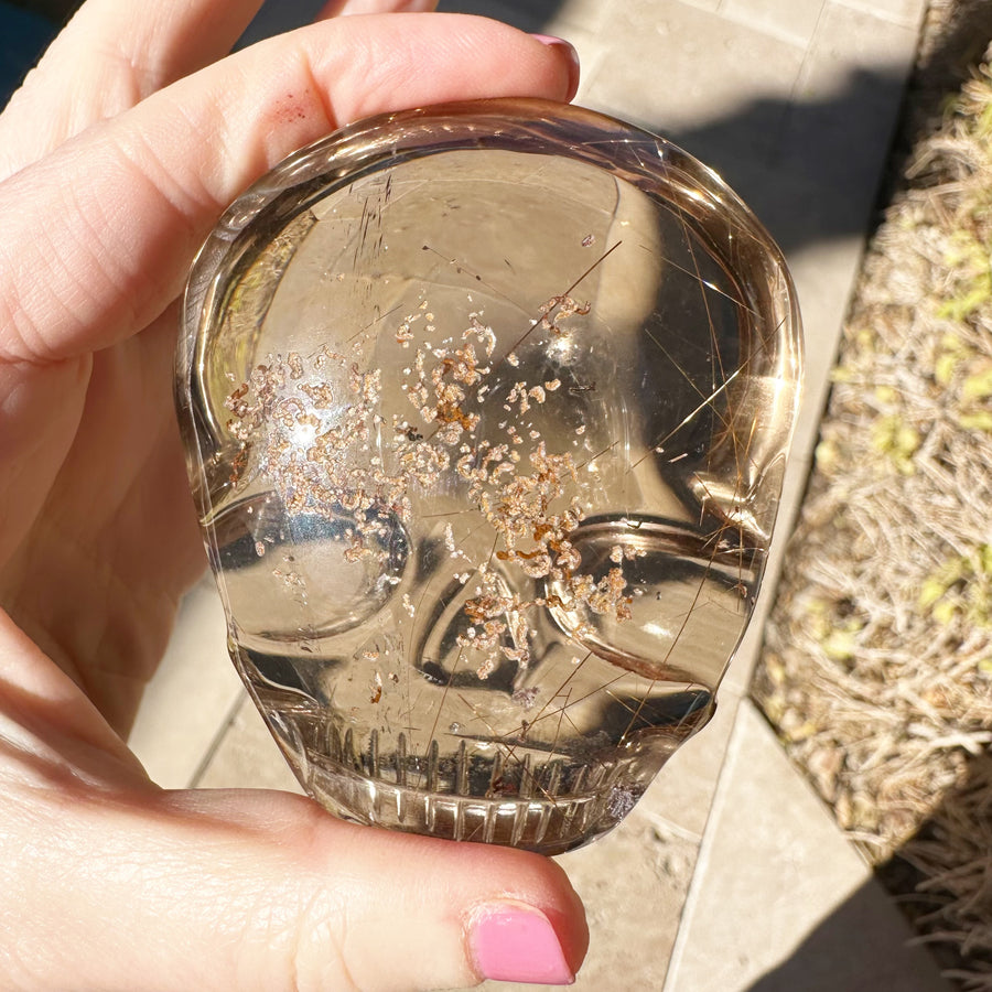 Golden Rutile Smoky Quartz with Lodolite Palm Crystal Skull Carved by Leandro de Souza