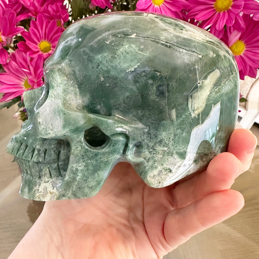 Green Moss Agate Crystal Skull