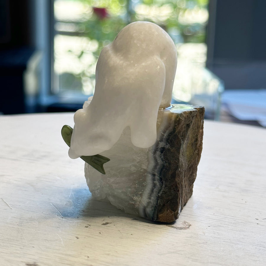 Star Marble Bear on Geode Stand with Fish