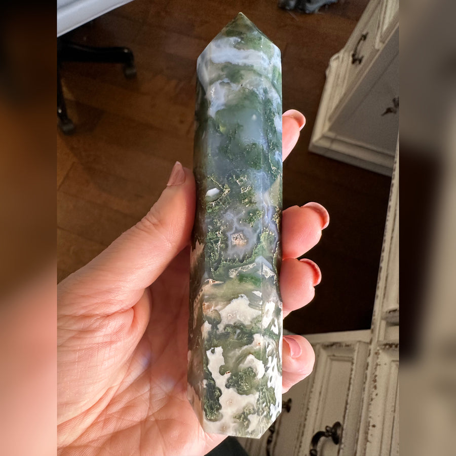 Green Moss Agate Crystal Generator Tower