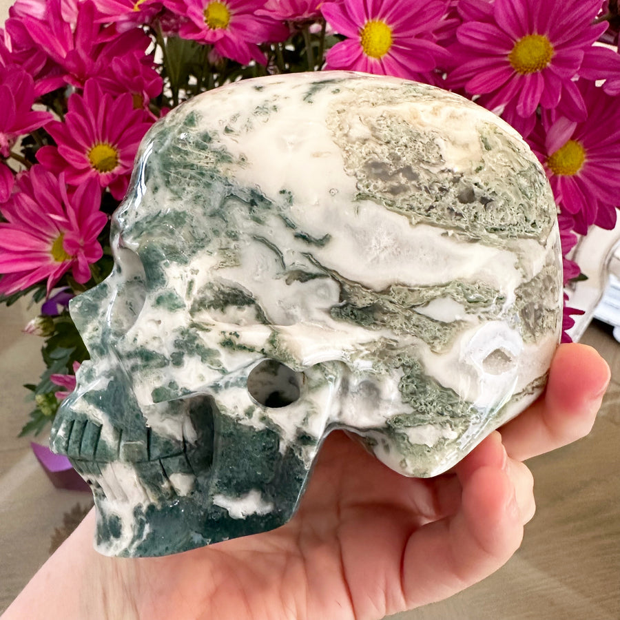 Green Moss Agate Crystal Skull