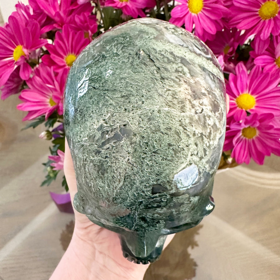 Green Moss Agate Crystal Skull