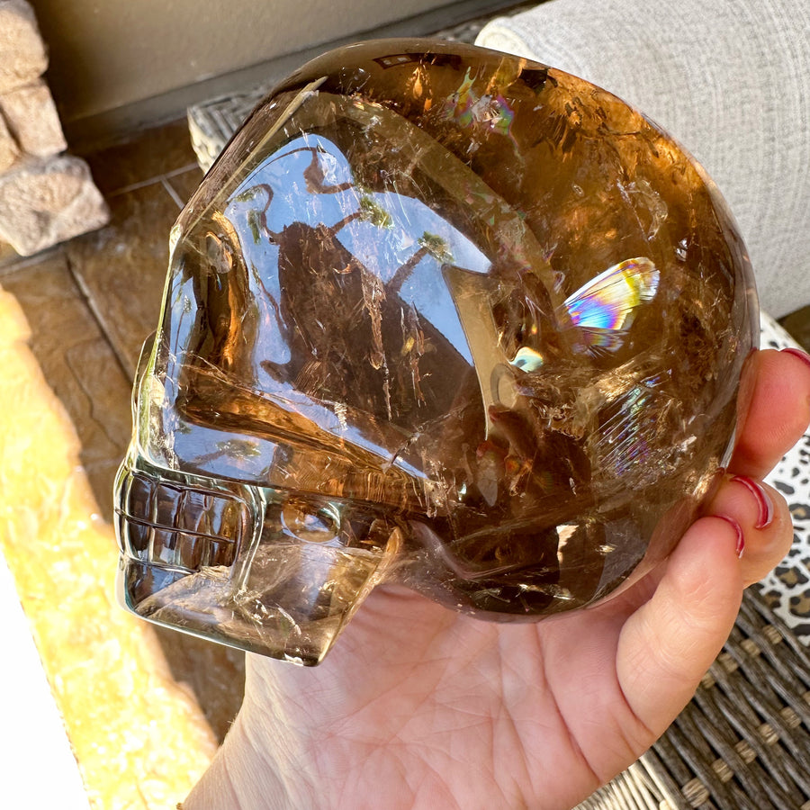 Smokey Lemurian Crystal Skull with Rainbows Carved by Leandro de Souza