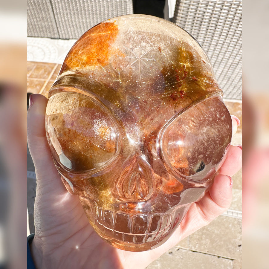 Lodolite and Rutile Citrine Quartz Starbeing Crystal Skull Carved by Leandro de Souza